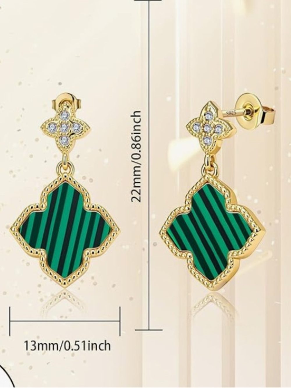 Anthropologie Gold-Tone Drop Earrings with Green Striped Clover Motifs - Picture 2 of 6